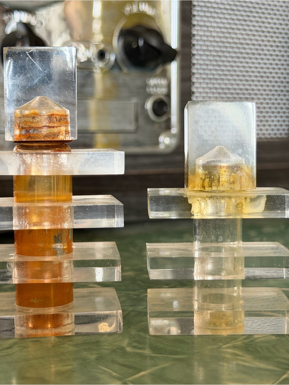 Amazing Pair of Clear Art Deco MCM Lucite Cologne Perfume Bottles